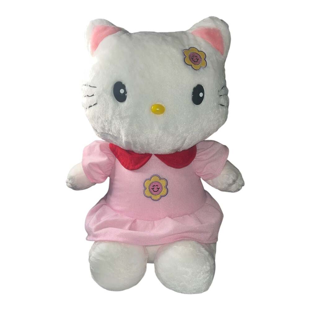 Carousel Softoys 15" White Kitty Cat Plush with Pink Dress and Flower Details